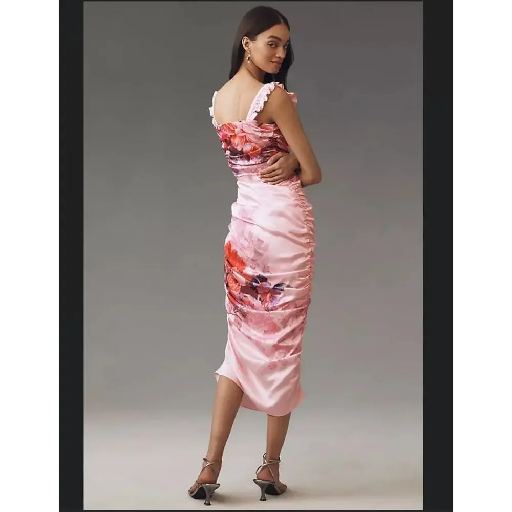 BHLDN Callie Sleeveless Ruched Printed Charmeuse Midi Dress Size US M - Picture 4 of 9
